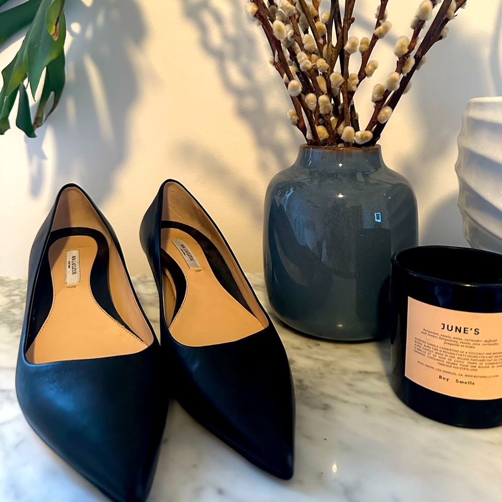 New MM Lafleur Lilian Pump Kidskin Kitten Heels 37 US 6.5 Black Leather Point
